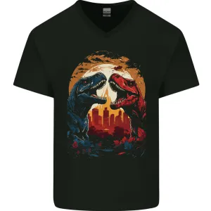 2 Dinosaurs With a Moon Backdrop T-Rex Lizard Mens V-Neck Cotton T-Shirt