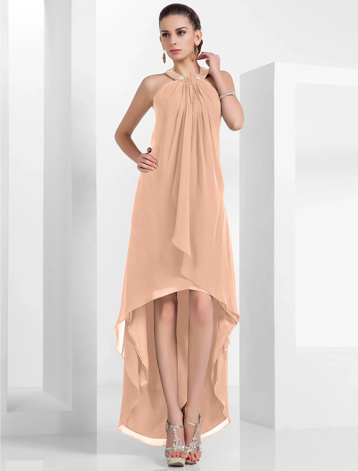 A-Line Elegant Dress Wedding Guest Cocktail Party Asymmetrical Sleeveless Halter Neck Chiffon Backless with Pleats Beading