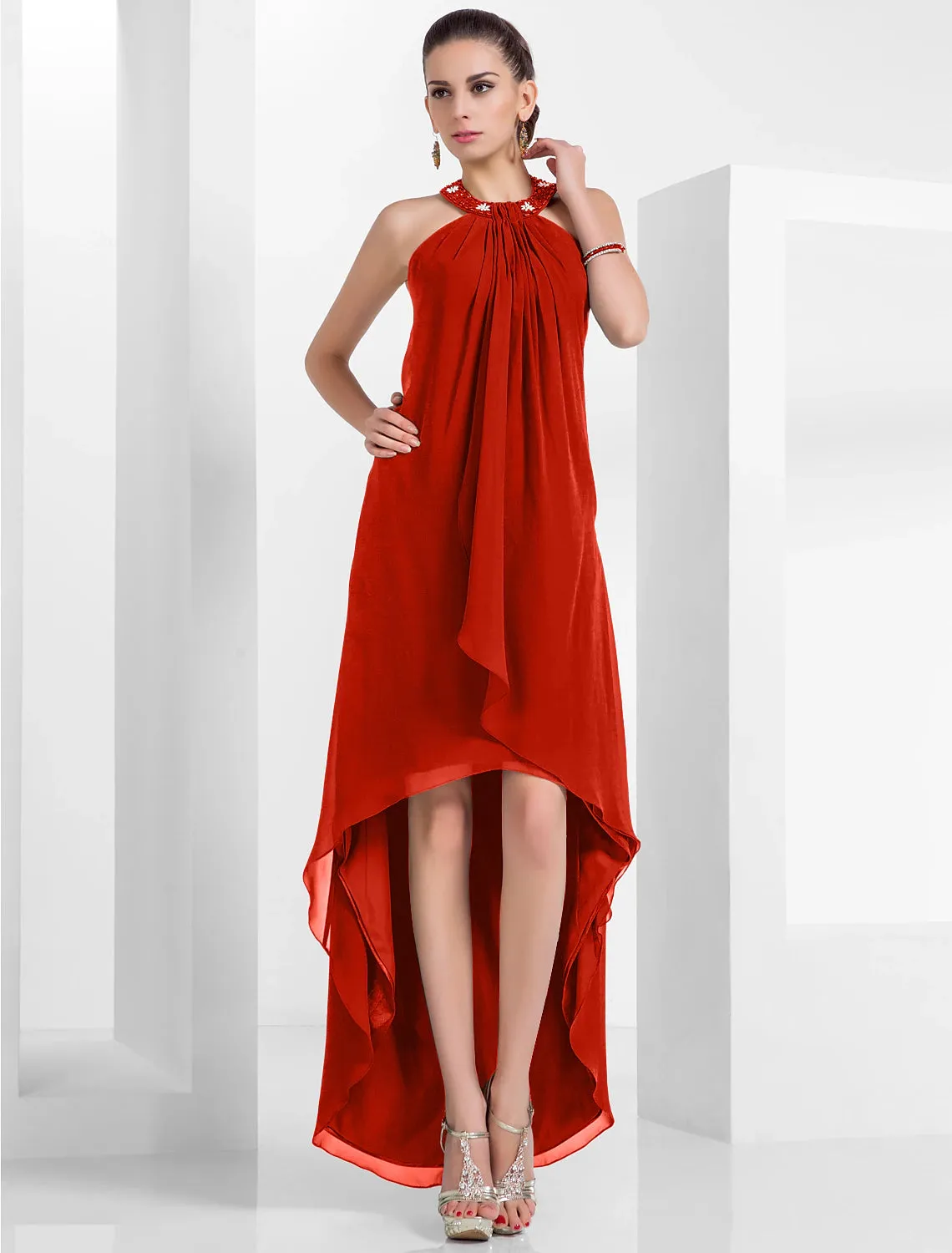 A-Line Elegant Dress Wedding Guest Cocktail Party Asymmetrical Sleeveless Halter Neck Chiffon Backless with Pleats Beading