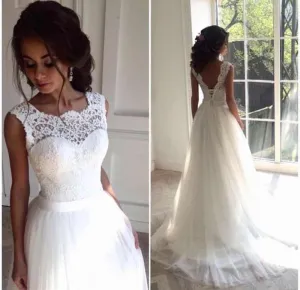 A Line Lace Beach Wedding Dress Scoop Neck White Bridal Gown