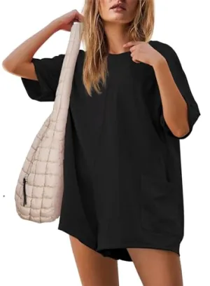 AELSON Rompers For Women Oversized Hot Shot Tee Romper Casual Backless V Neck Workout Jumpsuits with Pockets