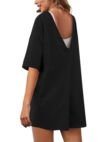 AELSON Rompers For Women Oversized Hot Shot Tee Romper Casual Backless V Neck Workout Jumpsuits with Pockets