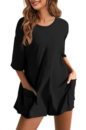 AELSON Rompers For Women Oversized Hot Shot Tee Romper Casual Backless V Neck Workout Jumpsuits with Pockets