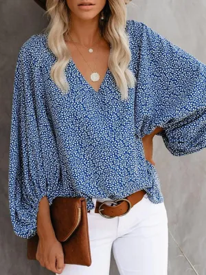 All Over Print Surplice Neck Lantern Sleeve Blouse