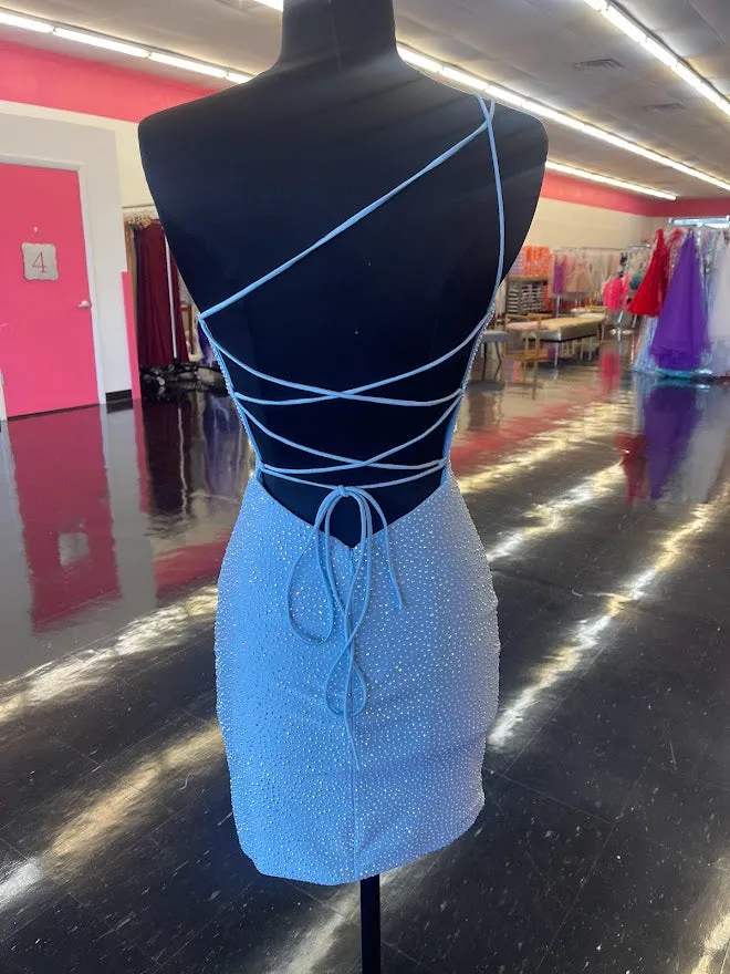 Amarra 87173 Size 6 Light Blue Homecoming Dress Short Fitted Rhinestone One Shoulder Formal Gown Corset