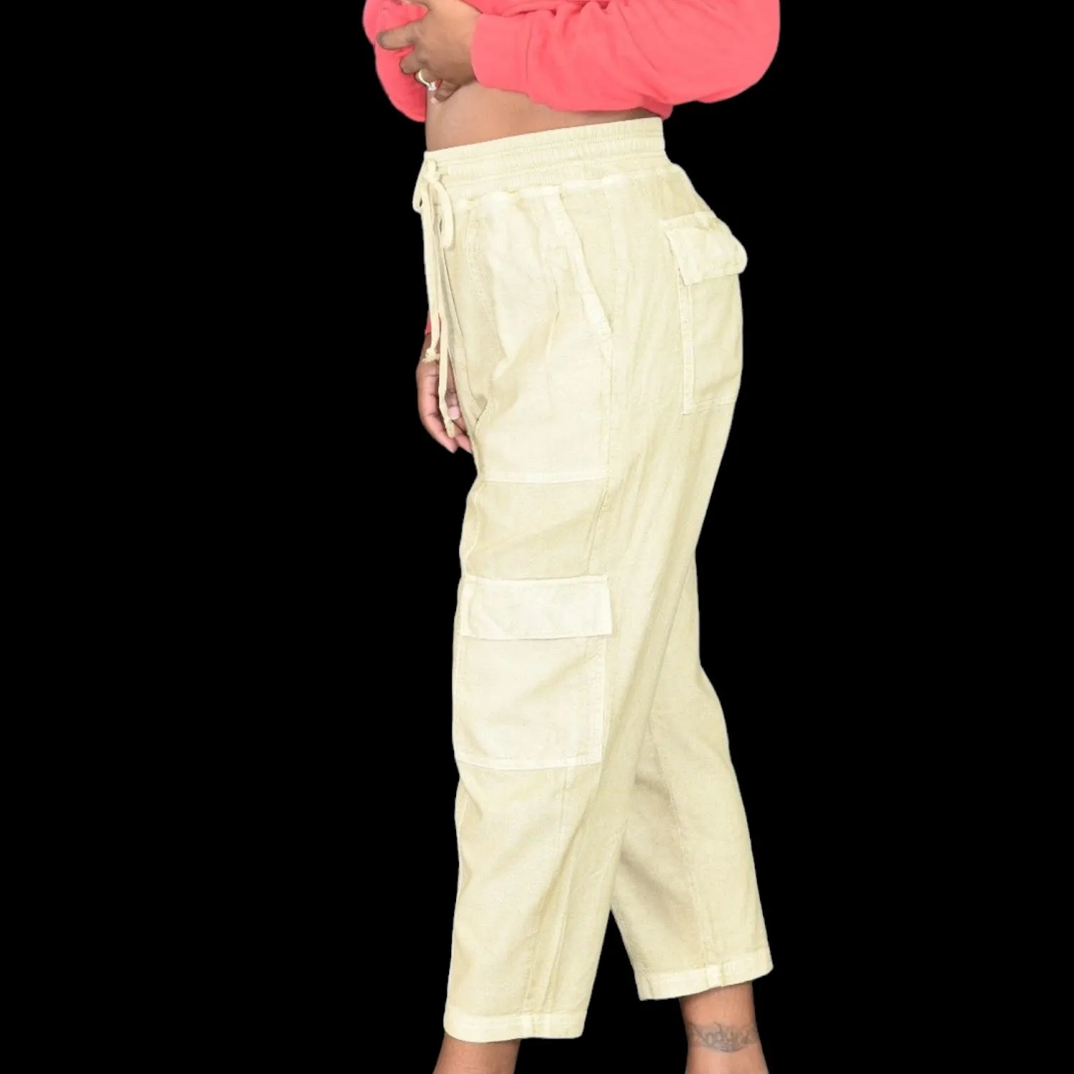 Anthropologie Daily Practice Evergreen Pants Tan Cargo Baggy High Waist Pull On Drawstring Ankle Size XS