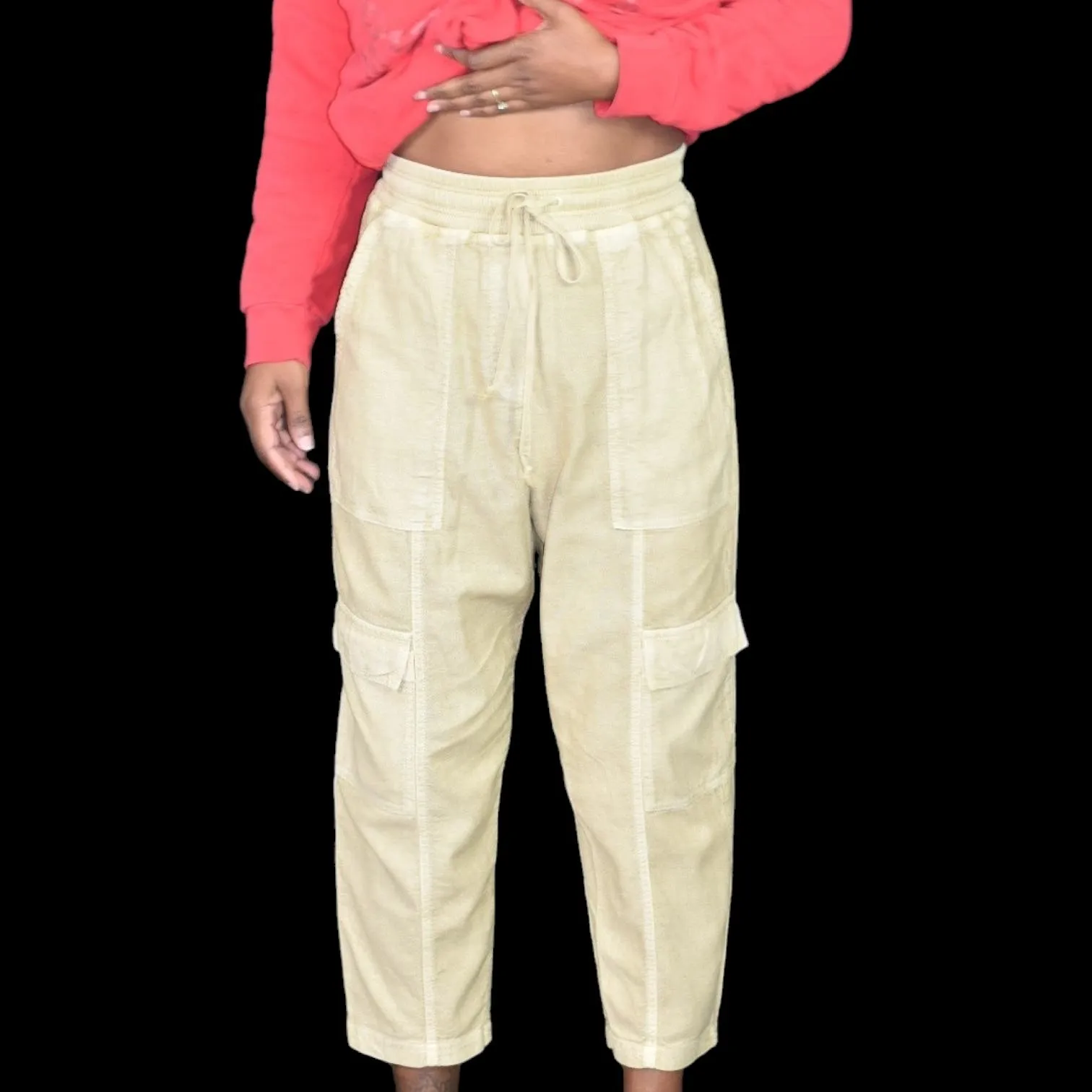 Anthropologie Daily Practice Evergreen Pants Tan Cargo Baggy High Waist Pull On Drawstring Ankle Size XS