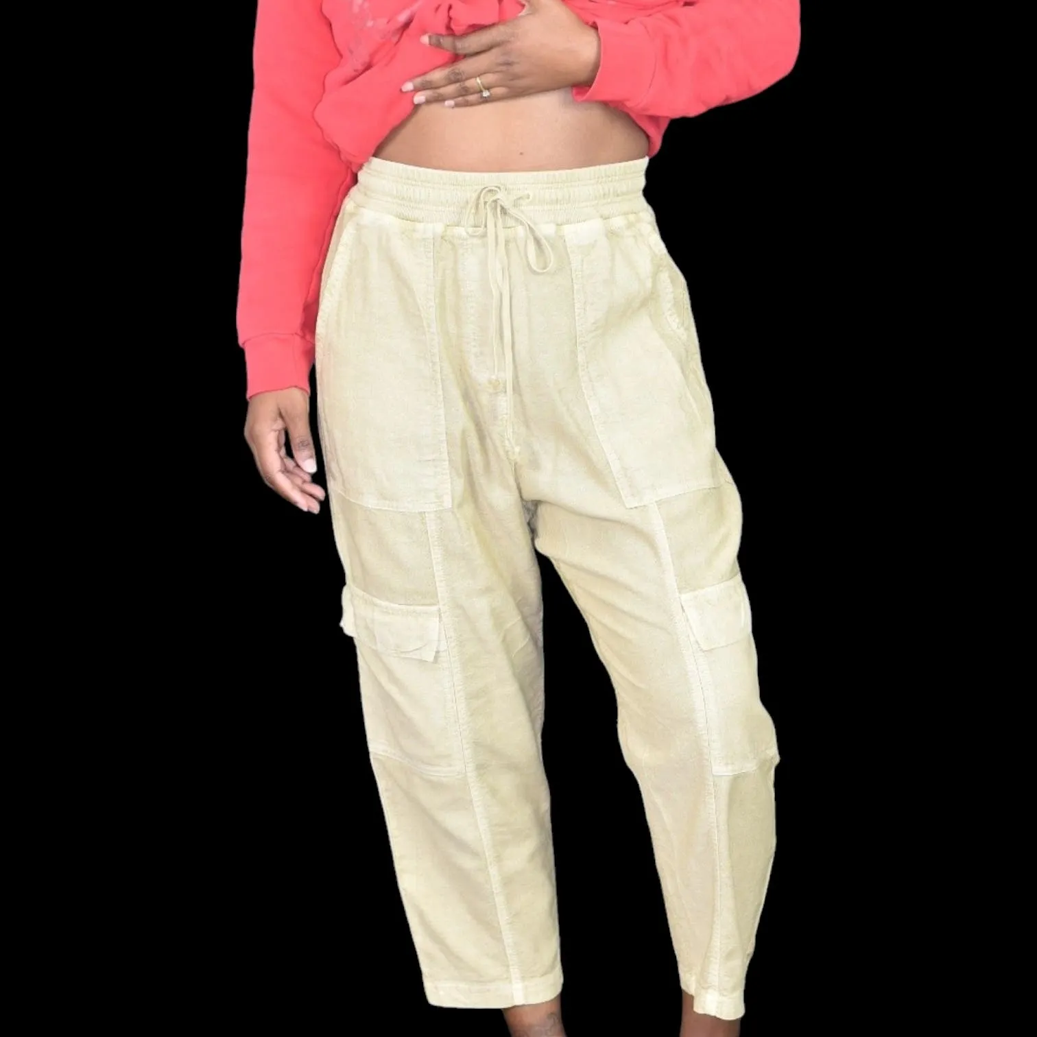 Anthropologie Daily Practice Evergreen Pants Tan Cargo Baggy High Waist Pull On Drawstring Ankle Size XS