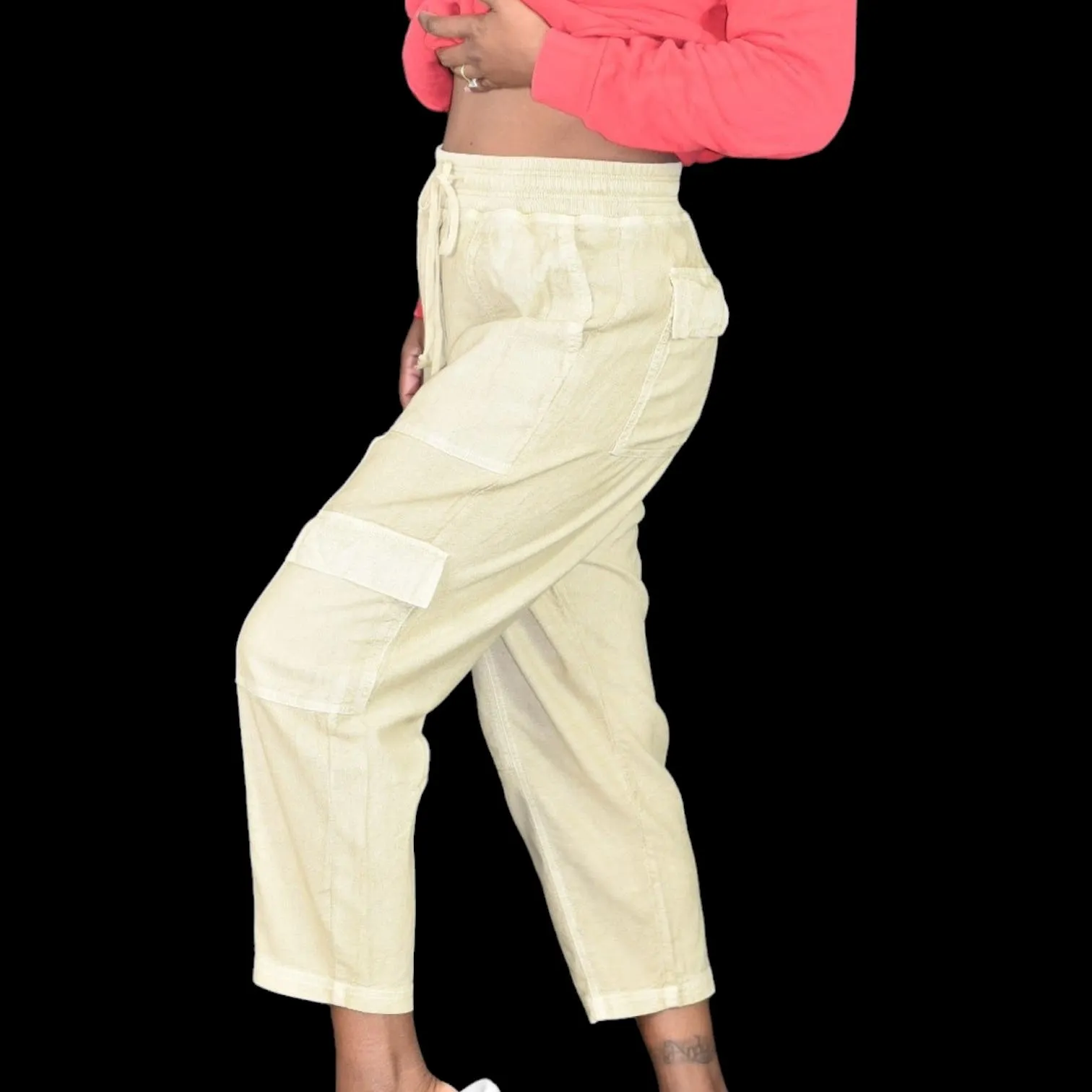Anthropologie Daily Practice Evergreen Pants Tan Cargo Baggy High Waist Pull On Drawstring Ankle Size XS