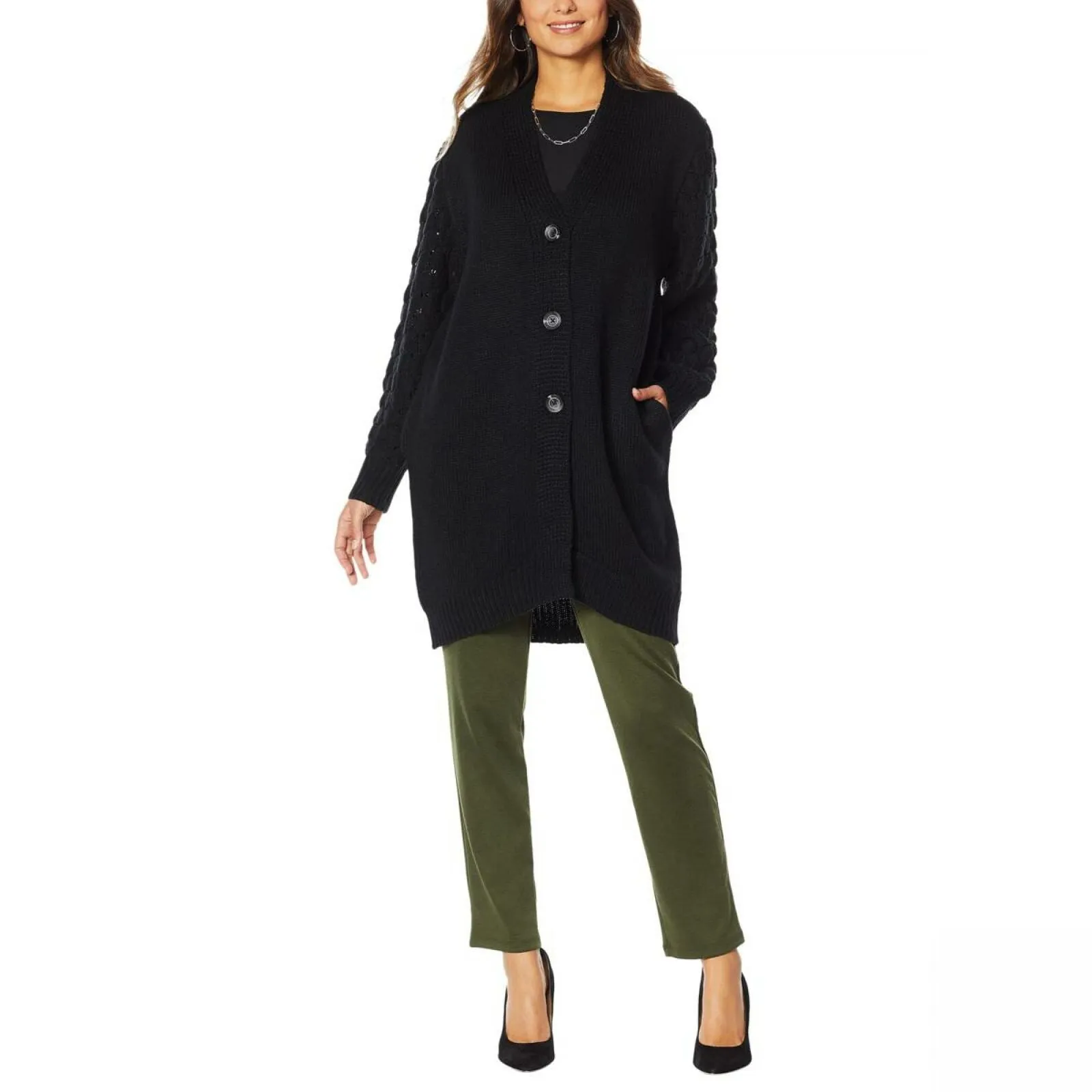 Antthony Women's Plus Size Mixed Textured Knit Sweater Jacket