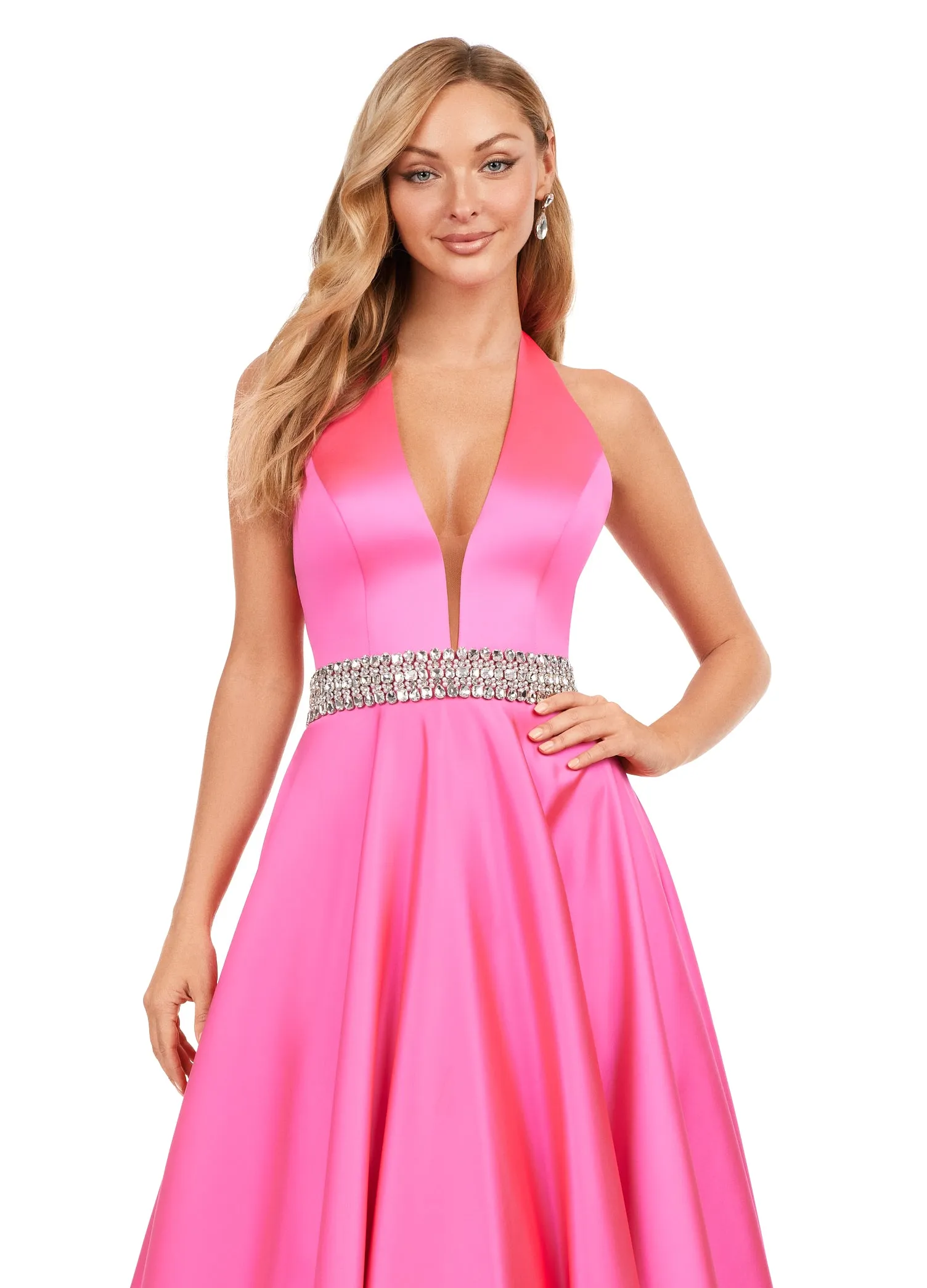 Ashley Lauren 11249 V-Neck Heavy Satin Ballgown Halter Top Open Back Crystal Belt Formal Gown Prom