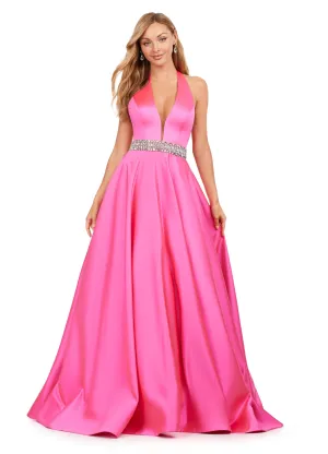 Ashley Lauren 11249 V-Neck Heavy Satin Ballgown Halter Top Open Back Crystal Belt Formal Gown Prom
