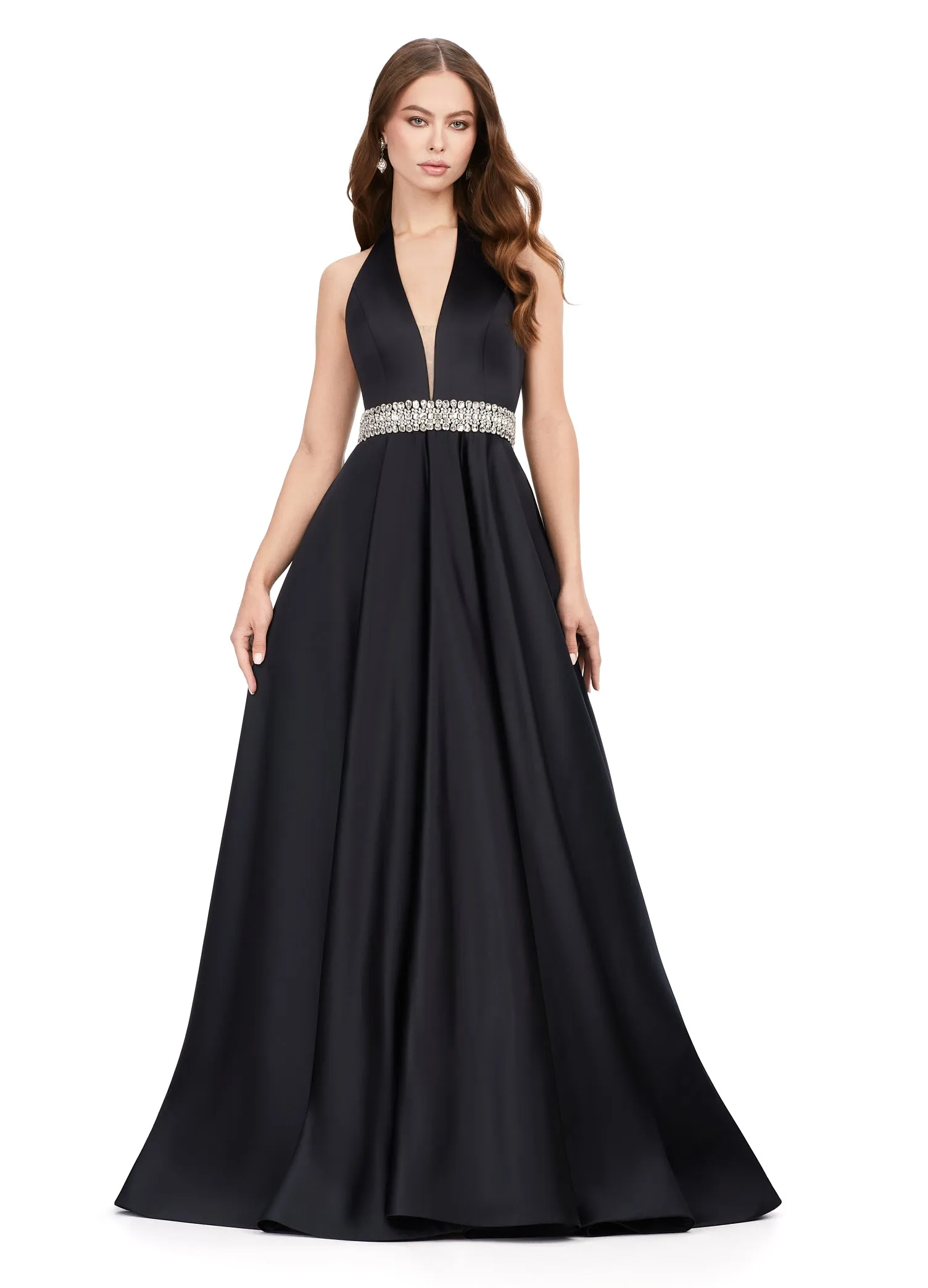 Ashley Lauren 11249 V-Neck Heavy Satin Ballgown Halter Top Open Back Crystal Belt Formal Gown Prom