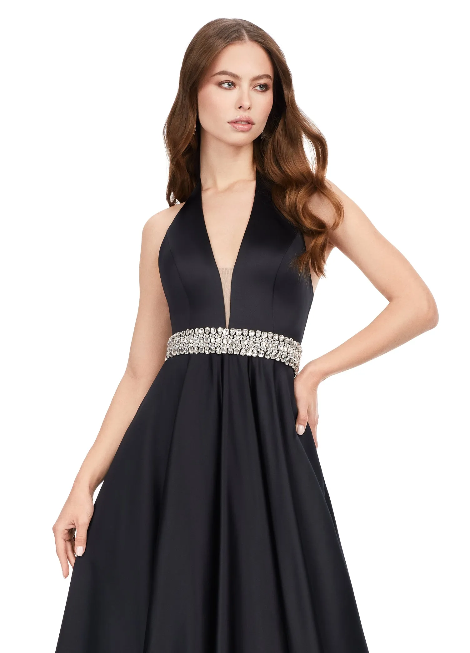 Ashley Lauren 11249 V-Neck Heavy Satin Ballgown Halter Top Open Back Crystal Belt Formal Gown Prom
