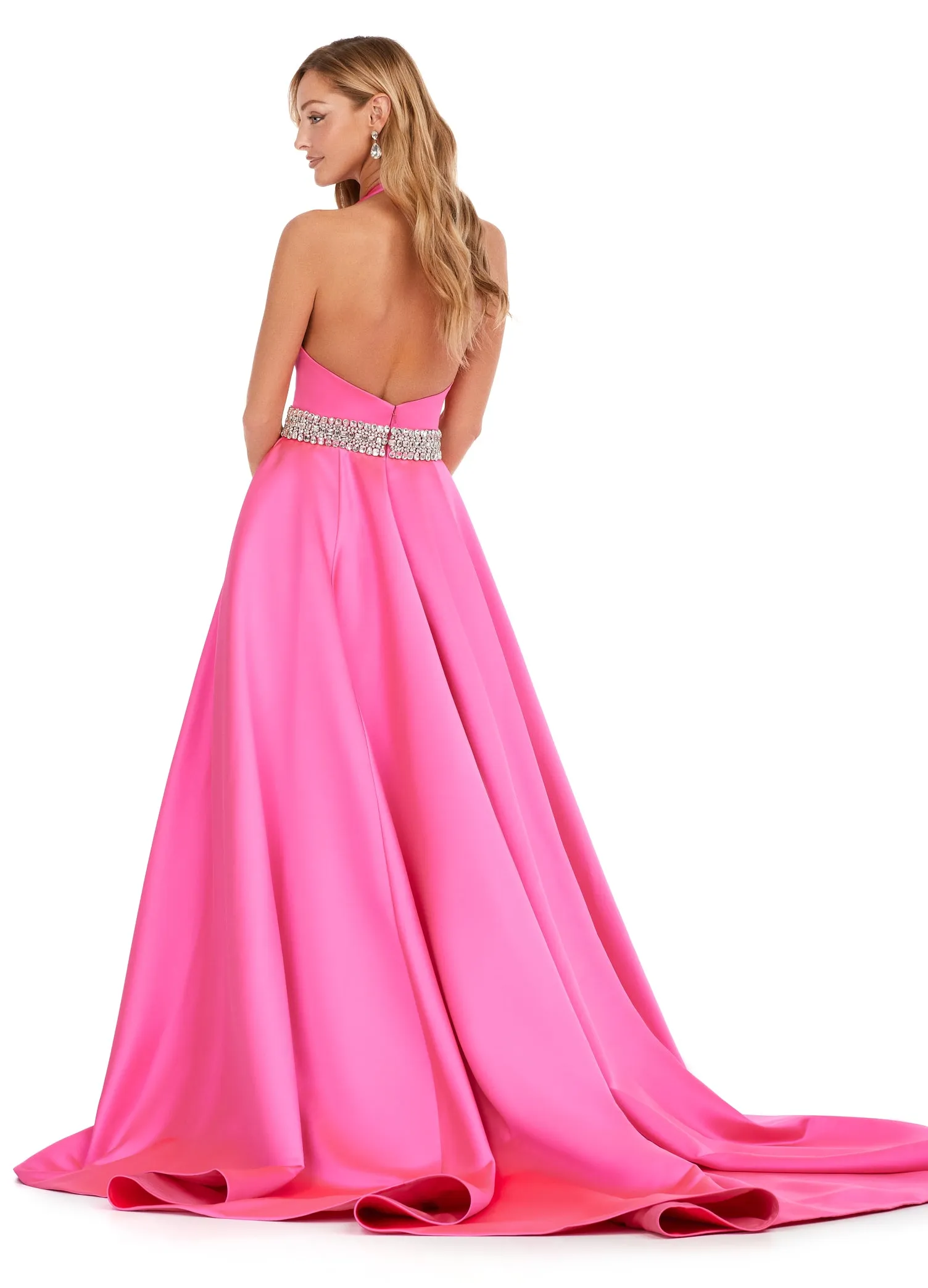Ashley Lauren 11249 V-Neck Heavy Satin Ballgown Halter Top Open Back Crystal Belt Formal Gown Prom