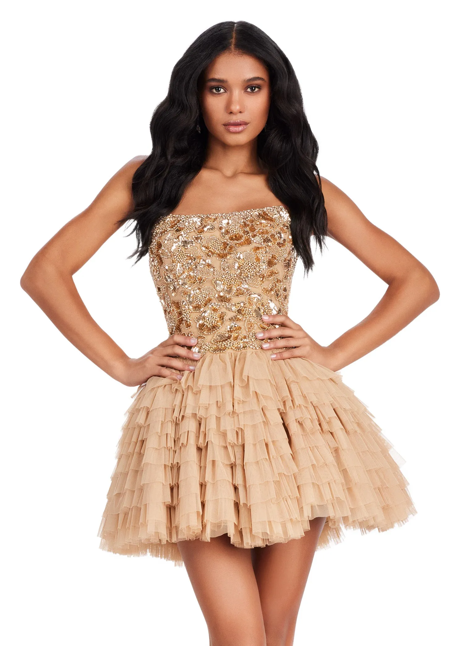 Ashley Lauren 4671 Strapless Cocktail Dress with Fully Beaded Bodice and Tulle Skirt Formal Prom