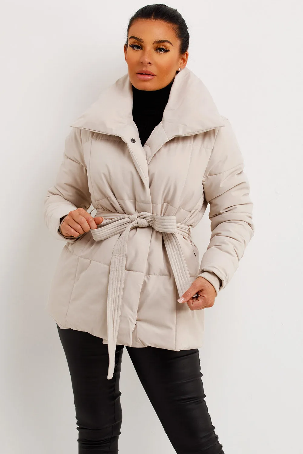 Beige Duvet Padded Jacket With Belt