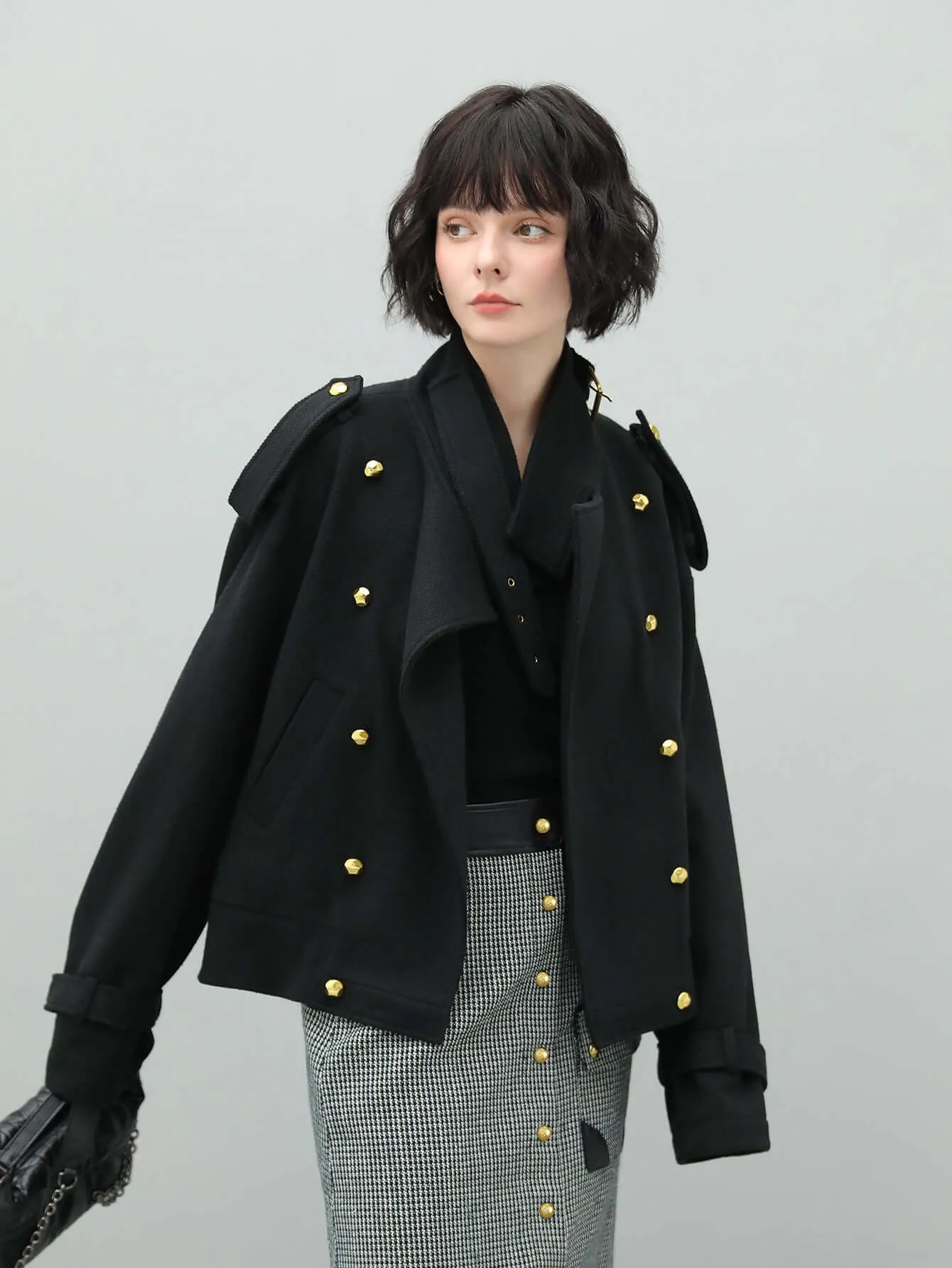 Black Double Breasted Trench Coat with a Detachable High Neck Collar