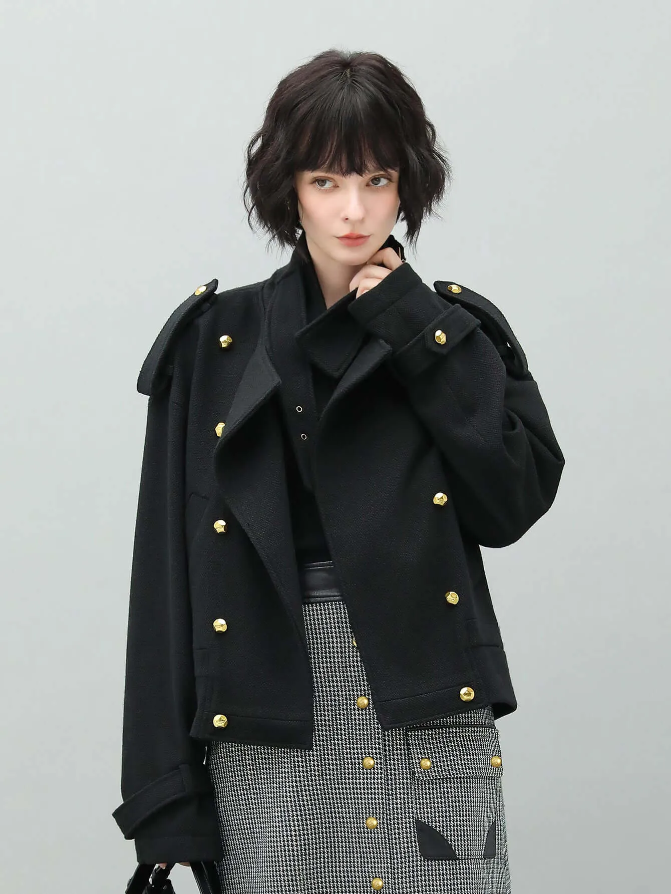 Black Double Breasted Trench Coat with a Detachable High Neck Collar