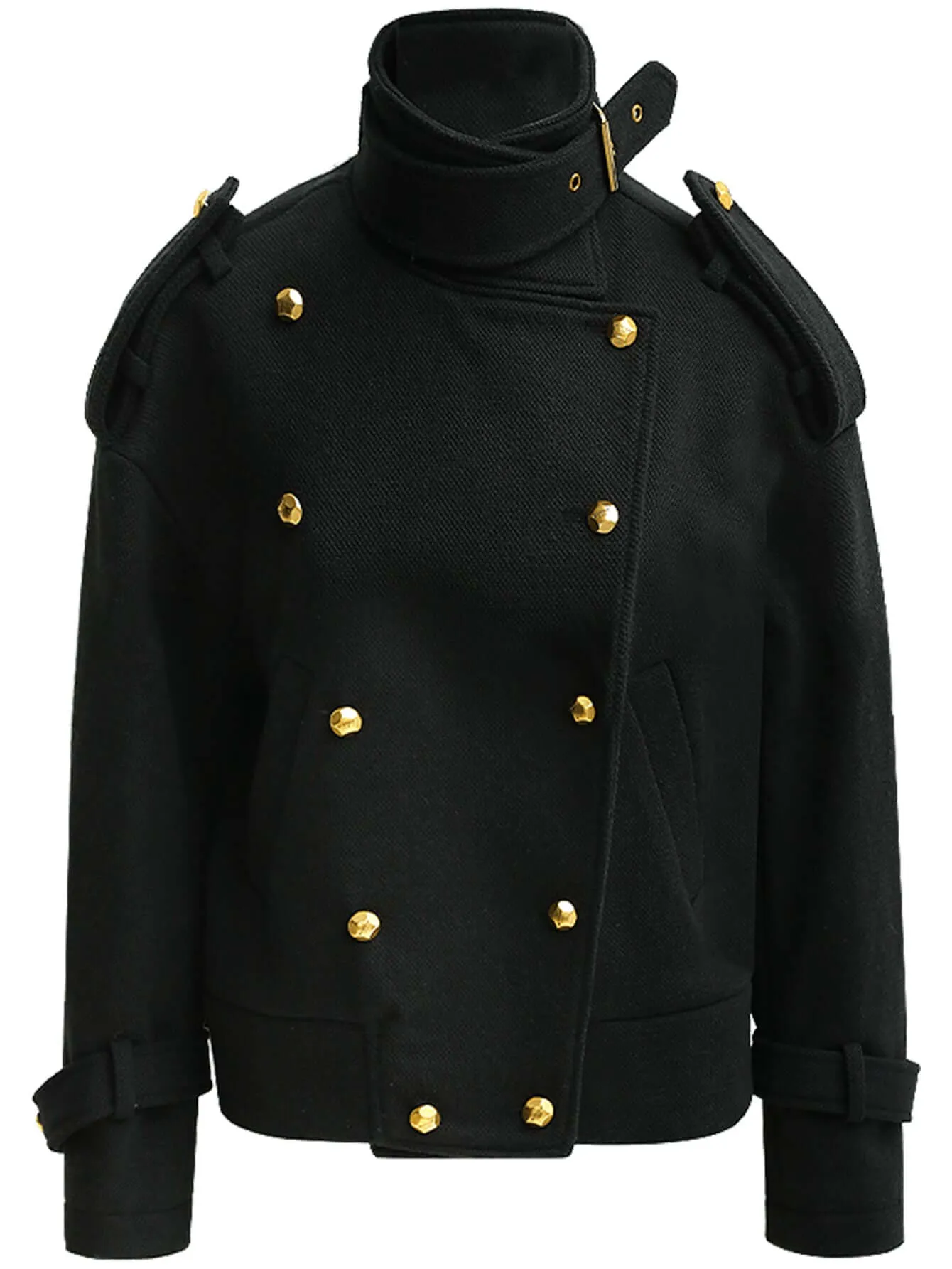 Black Double Breasted Trench Coat with a Detachable High Neck Collar