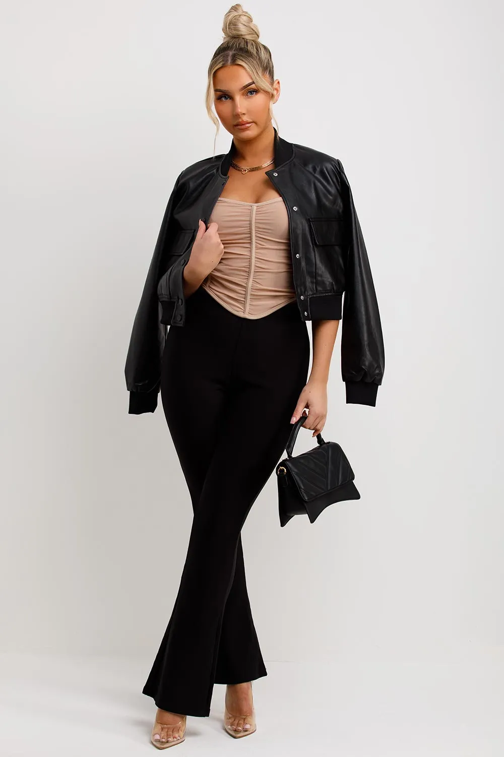 Black Faux Leather Bomber Jacket