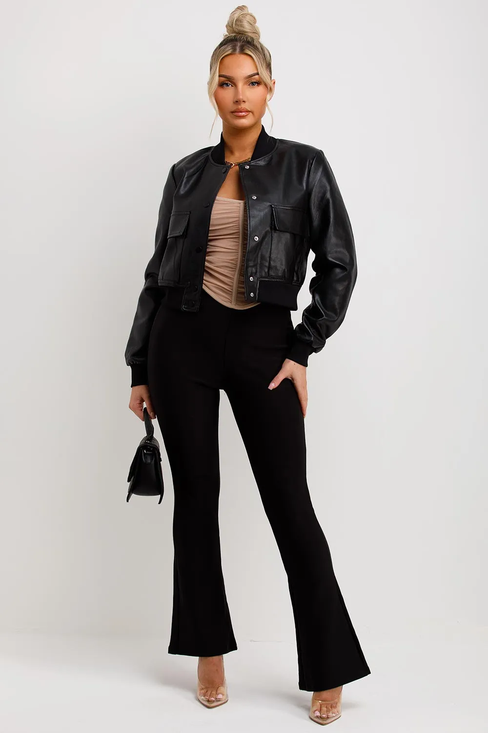 Black Faux Leather Bomber Jacket