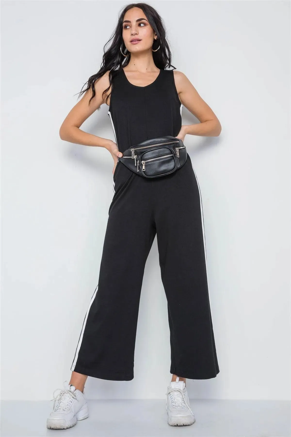Black Side Stripe Contrast Sleeveless Ankle Jumpsuit /3-2-1