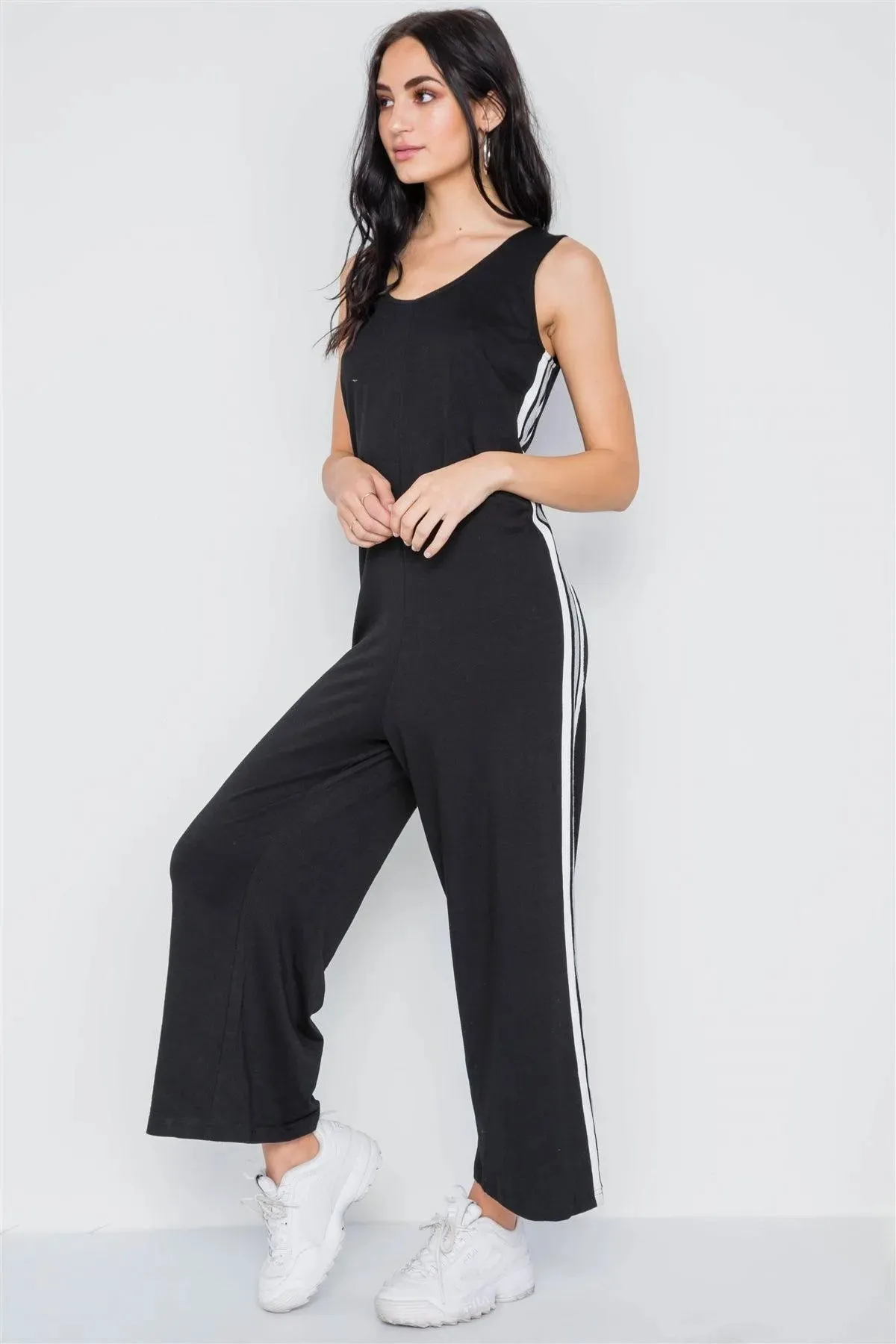 Black Side Stripe Contrast Sleeveless Ankle Jumpsuit /3-2-1