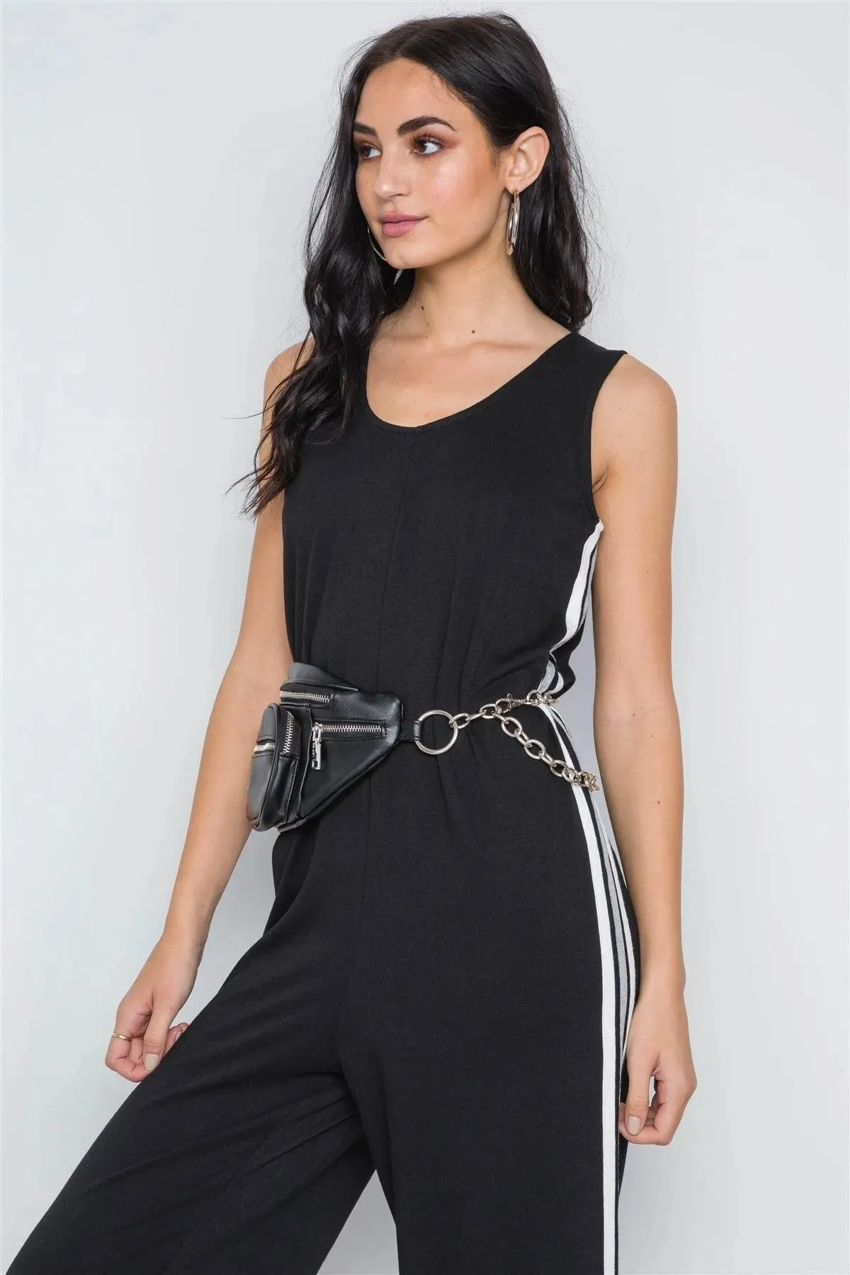 Black Side Stripe Contrast Sleeveless Ankle Jumpsuit /3-2-1