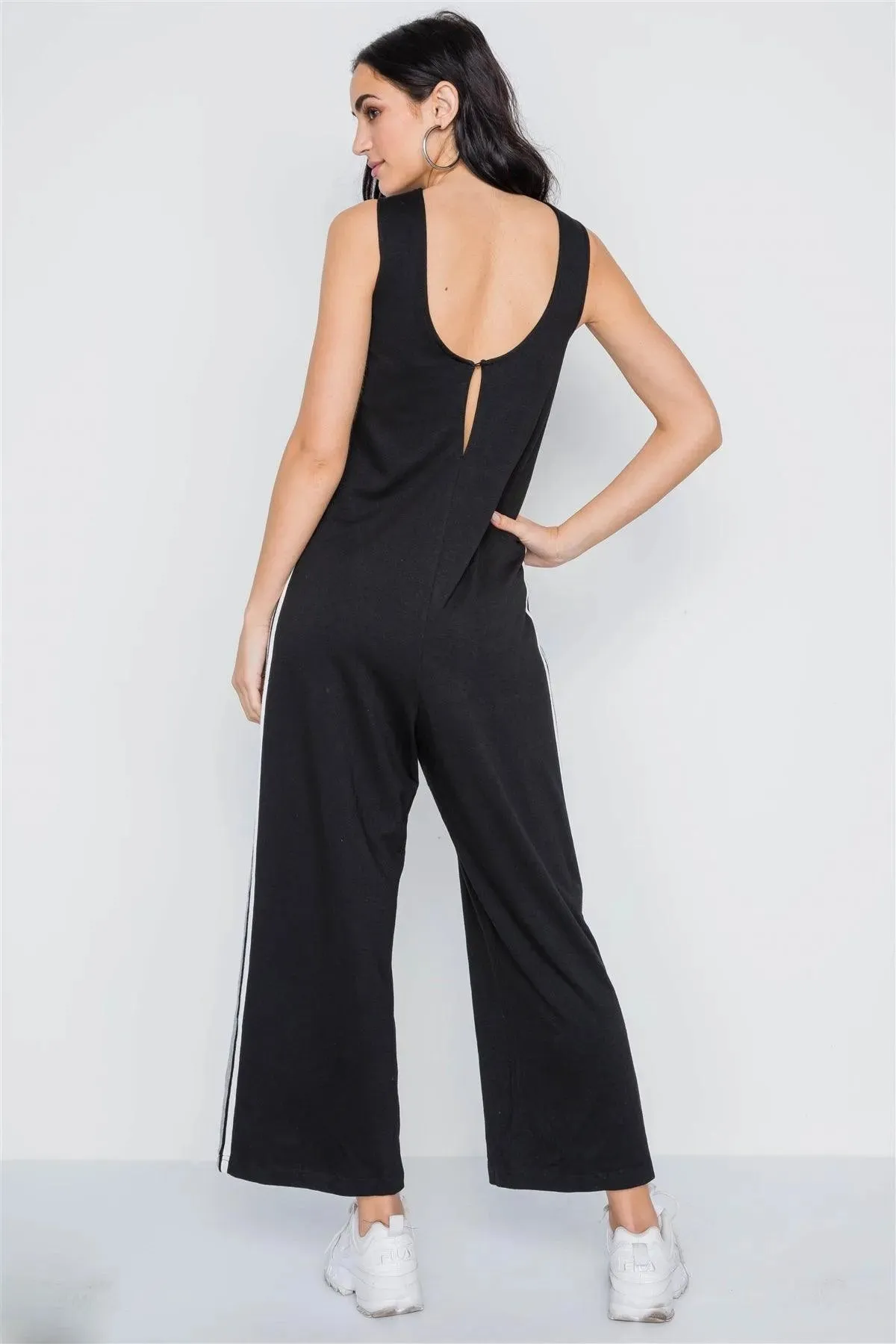Black Side Stripe Contrast Sleeveless Ankle Jumpsuit /3-2-1