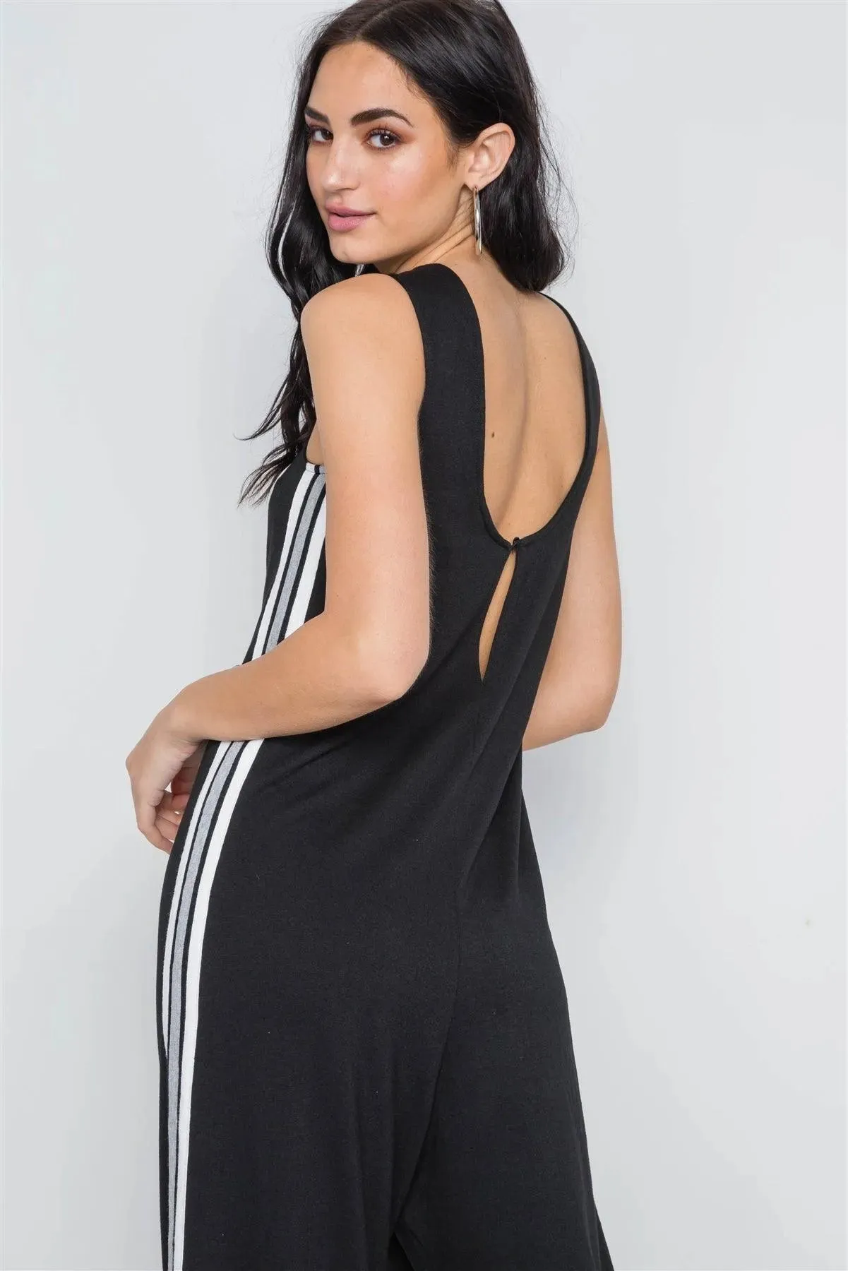 Black Side Stripe Contrast Sleeveless Ankle Jumpsuit /3-2-1