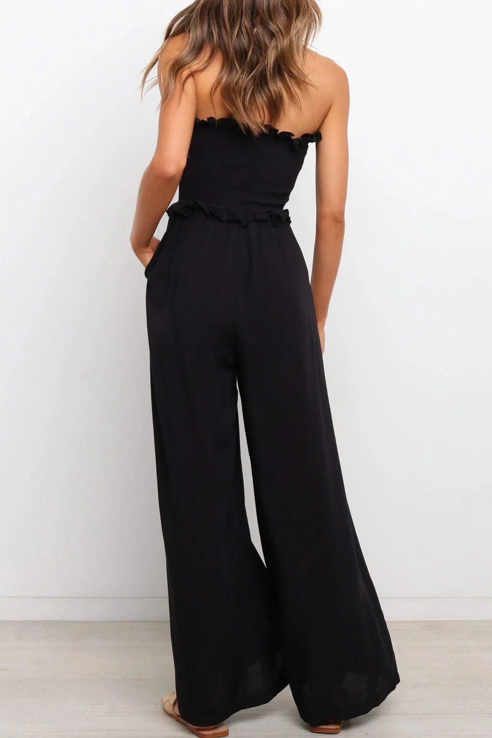 Black Smocked Bandeau Wide Leg Jumpsuit