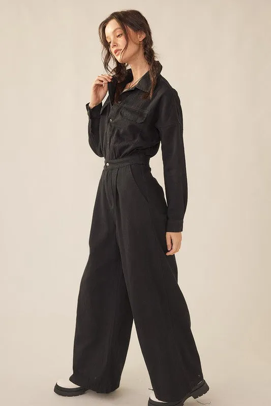 Black Wide Legged Denim Twill Jumpsuit