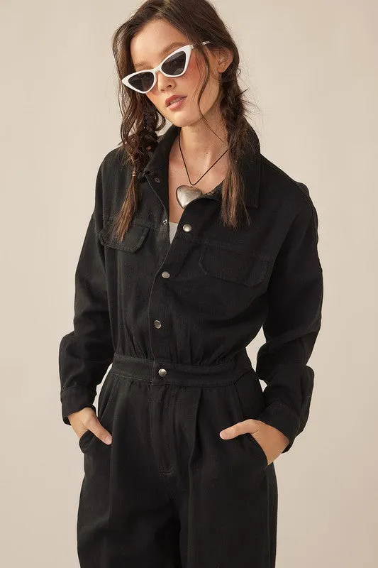 Black Wide Legged Denim Twill Jumpsuit