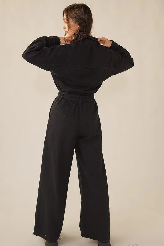 Black Wide Legged Denim Twill Jumpsuit
