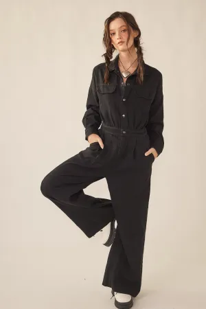 Black Wide Legged Denim Twill Jumpsuit