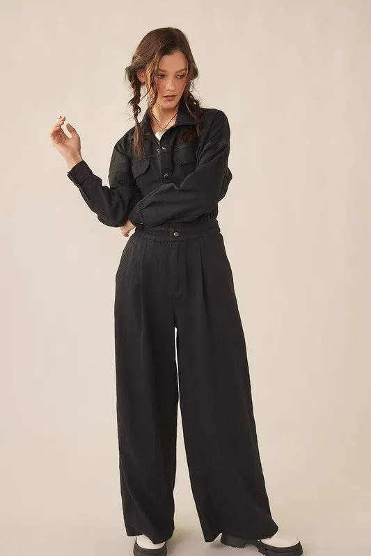Black Wide Legged Denim Twill Jumpsuit