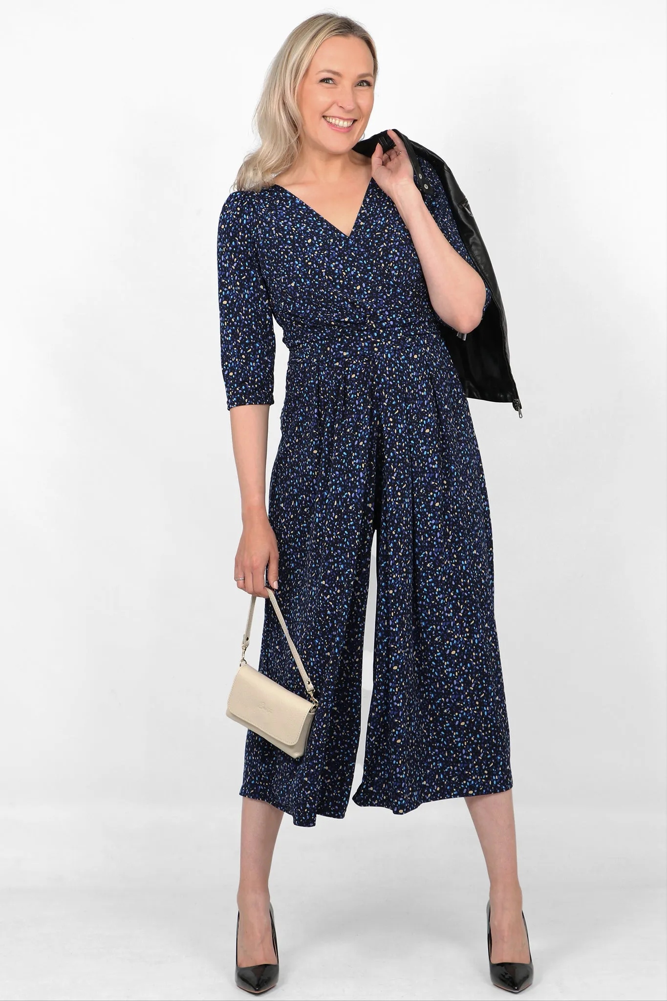 Blue Speckled Print Wide Leg Jumpsuit