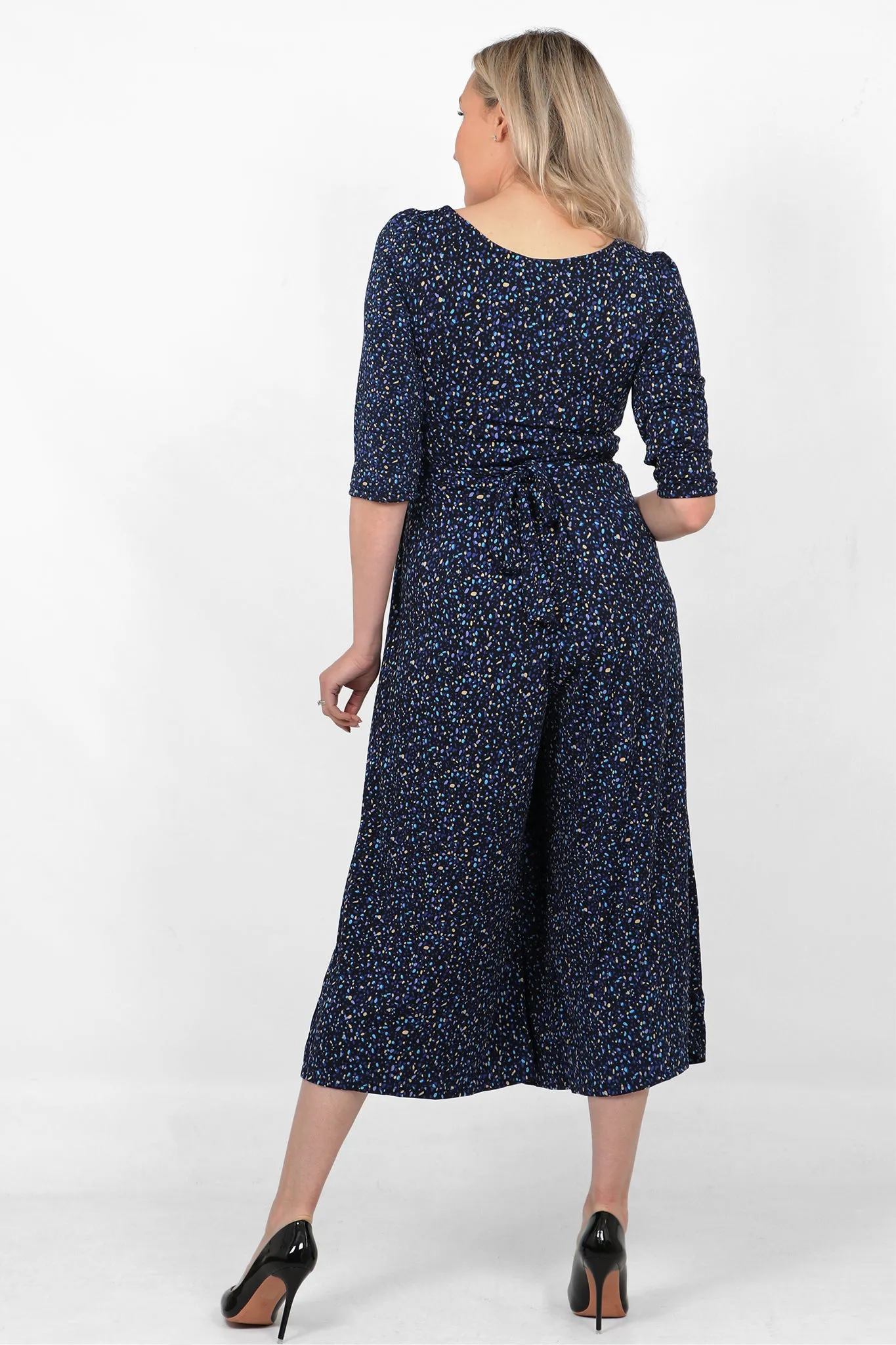 Blue Speckled Print Wide Leg Jumpsuit
