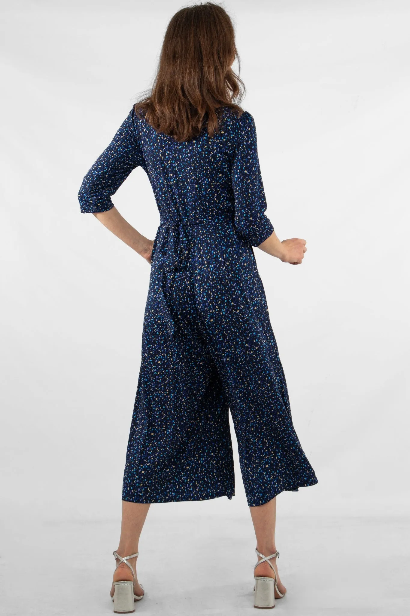 Blue Speckled Print Wide Leg Jumpsuit