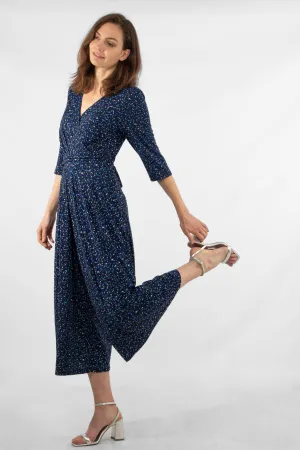 Blue Speckled Print Wide Leg Jumpsuit