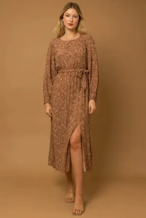 Boho Floral Front Tie Side Slit Long Sleeve Maxi Dress