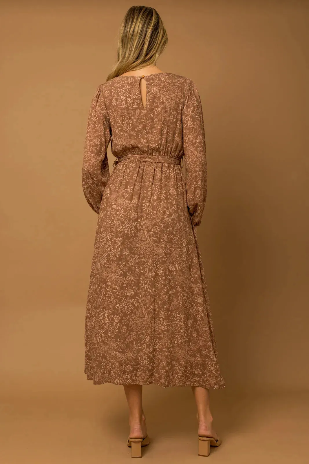 Boho Floral Front Tie Side Slit Long Sleeve Maxi Dress
