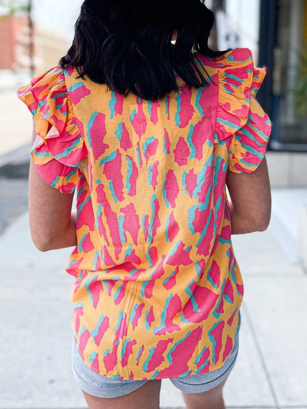 Bright Ruffle Sleeve Blouse