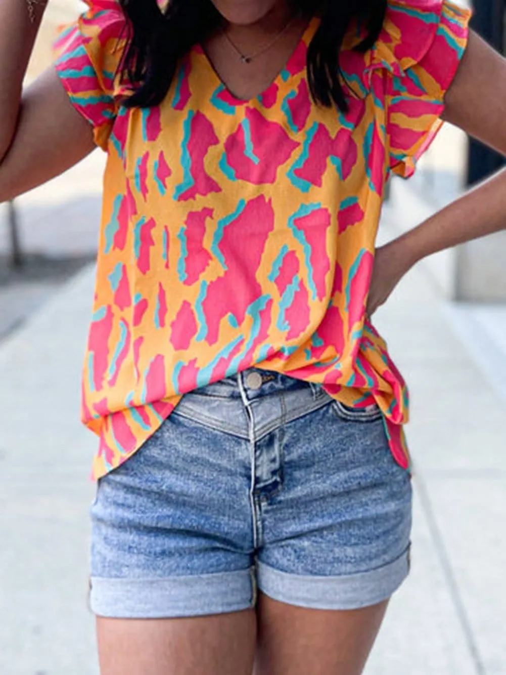 Bright Ruffle Sleeve Blouse