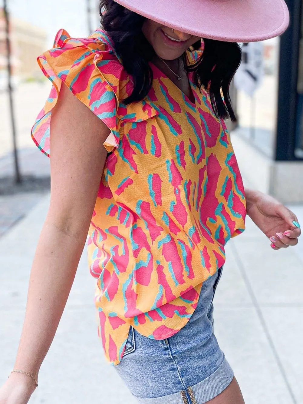 Bright Ruffle Sleeve Blouse