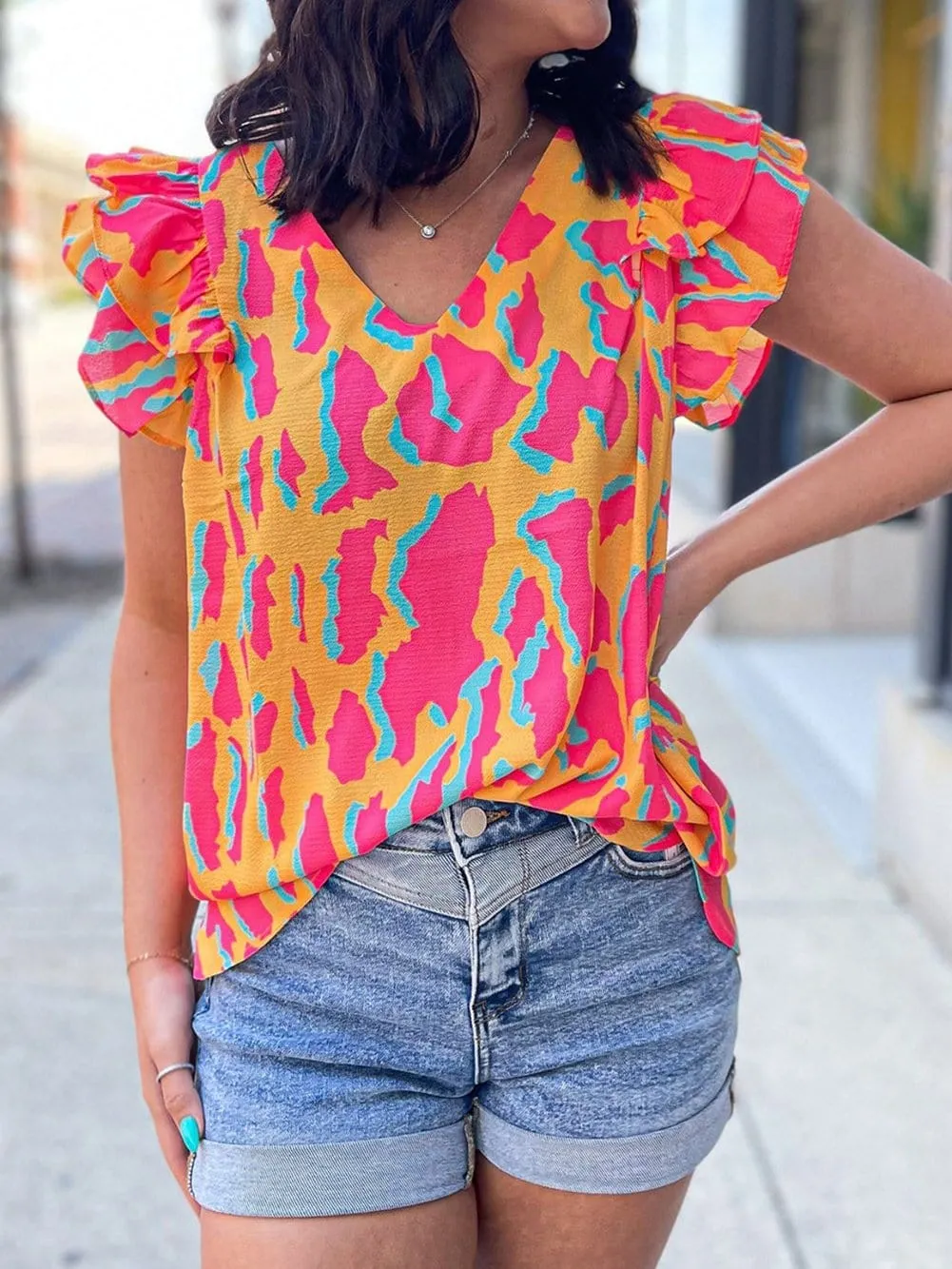 Bright Ruffle Sleeve Blouse