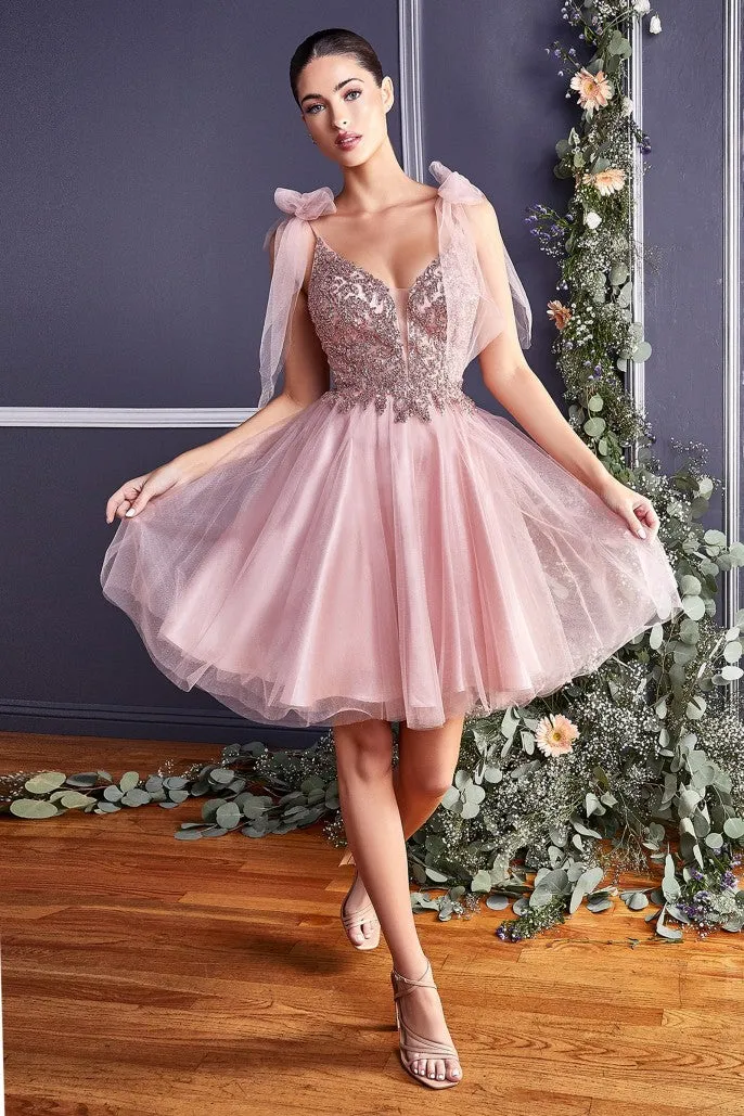 CD 0174 Size 10 Short Fit & Flare Sheer Beaded Formal Cocktail Dress Bow Strap Gown