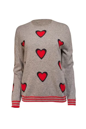 Chinti & Parker - Grey w/ Red Heart Pattern Cashmere Sweater Sz L
