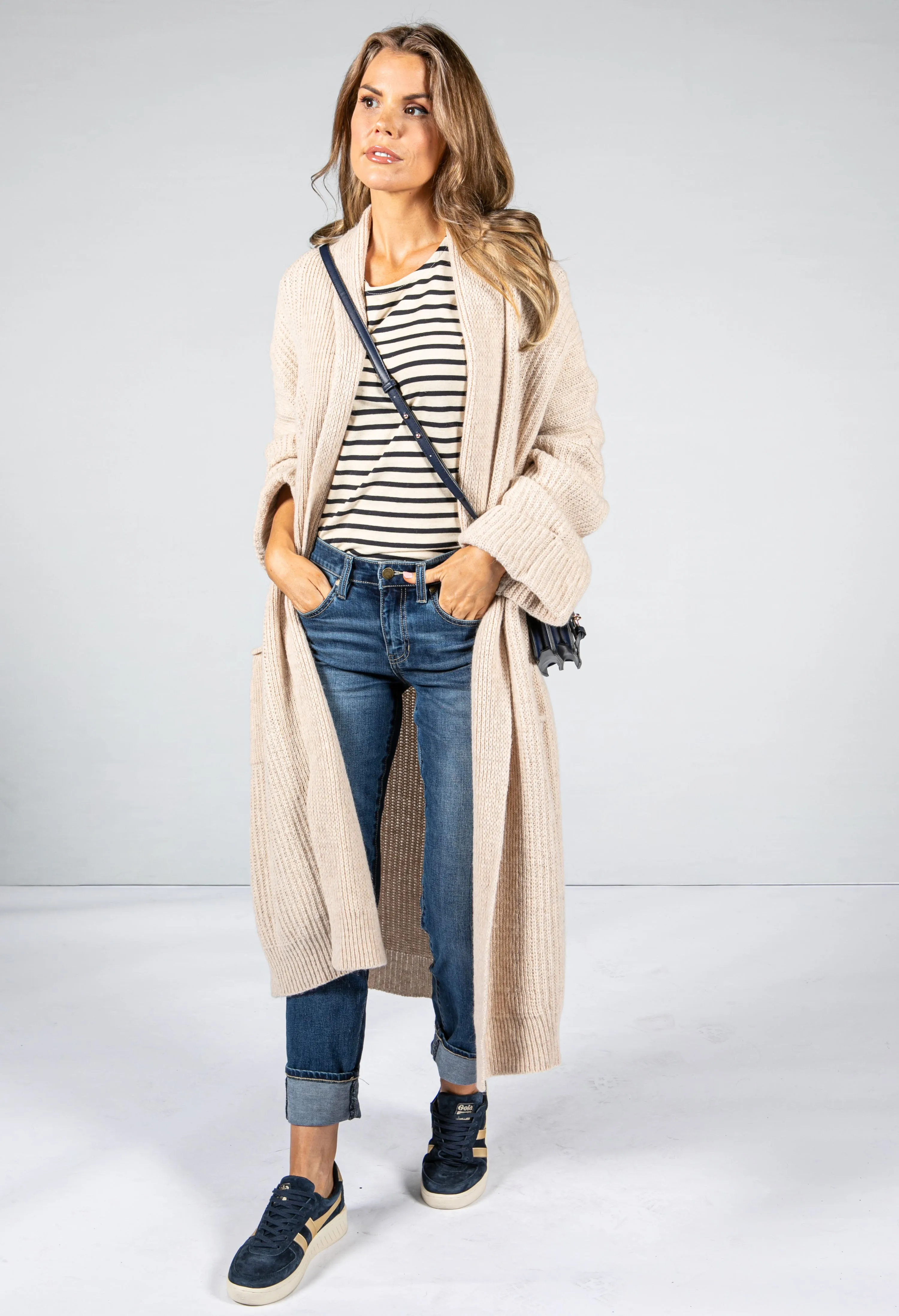 COSY CHUNKY KNIT LONGLINE CARDIGAN IN Sand
